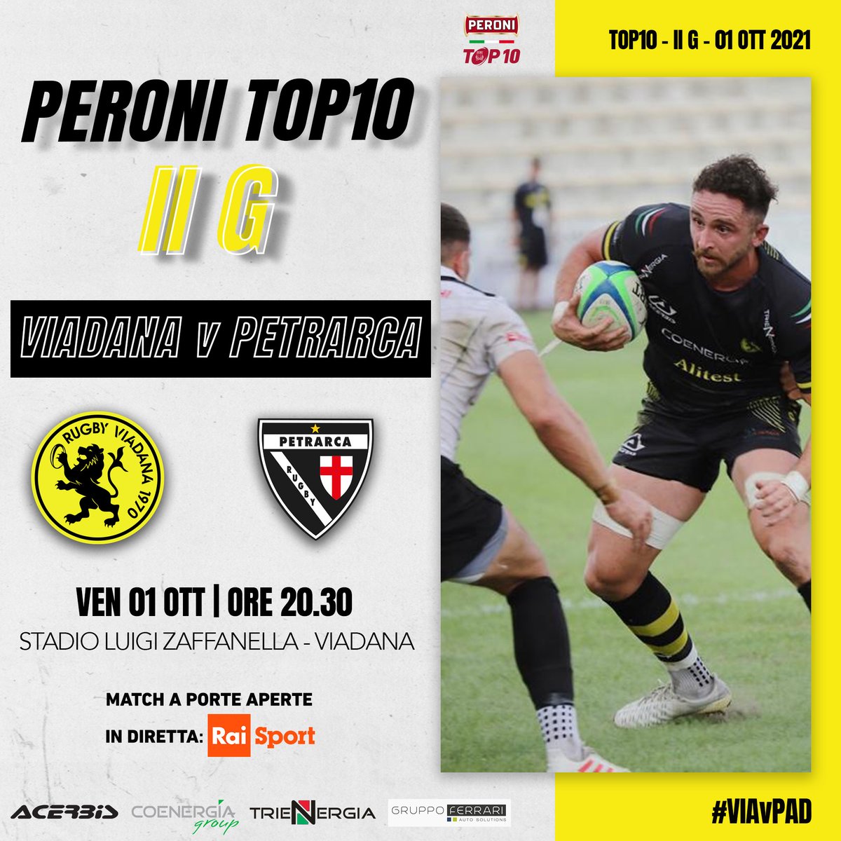 RugbyViadana's tweet photo. 🔛 𝙑𝙞𝙖𝙙𝙖𝙣𝙖 𝙫𝙨 𝙋𝙚𝙩𝙧𝙖𝙧𝙘𝙖
 
🏆 II giornata #PeroniTOP10
📅 Venerdì 01 ottobre
⌚️ 20.30
🏟 Stadio Luigi Zaffanella - Viadana

✅ Match a porte aperte 
💻 Diretta @RaiSport 

#maimular #rv1970 #rugbyviadana1970 #italrugby #rugbypassioneitaliana #VIAvPAD https://t.co/yeSv6ANCez