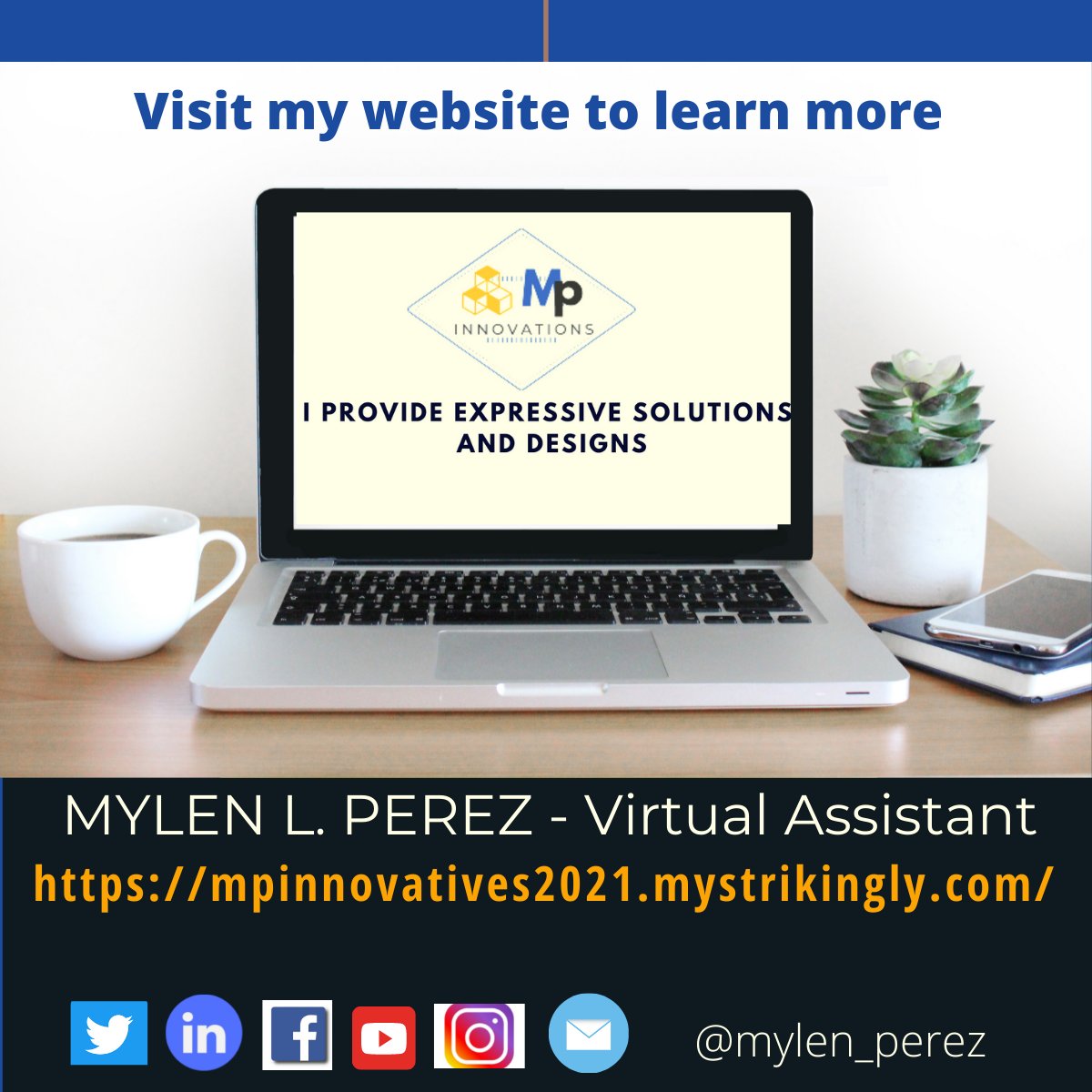 mylen_perez's tweet photo. Good day, everyone! 🥰 I invite you to visit my website to learn more about the various services I can provide you as a Virtual Assistant. 📱💻
✔️ Visit our website to find out more. https://t.co/h8wsVeLF6T 
#mylenasvirtualassistant #graphicdesigners #socialmediacontentcreator https://t.co/XancRWnfjZ