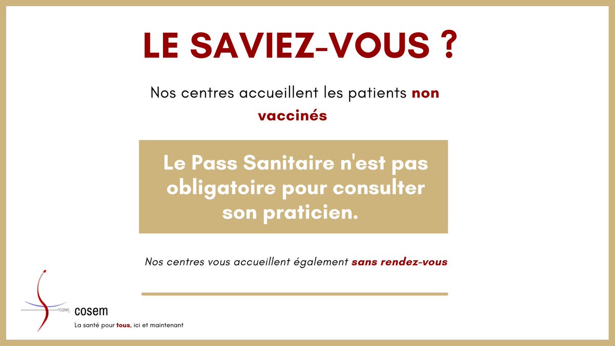 #LeSaviezVous ?

❌Pas vacciné(e) ? Ne renoncez pas à vos #soins ! 

Le #Passanitaire n'est pas obligatoire pour se rendre dans nos centre.

Nous prenons toutes les préacutions néccesaire afin de vous accueilir en toute #securite . 

RDV: cosem.fr

#COVID19 #Sante