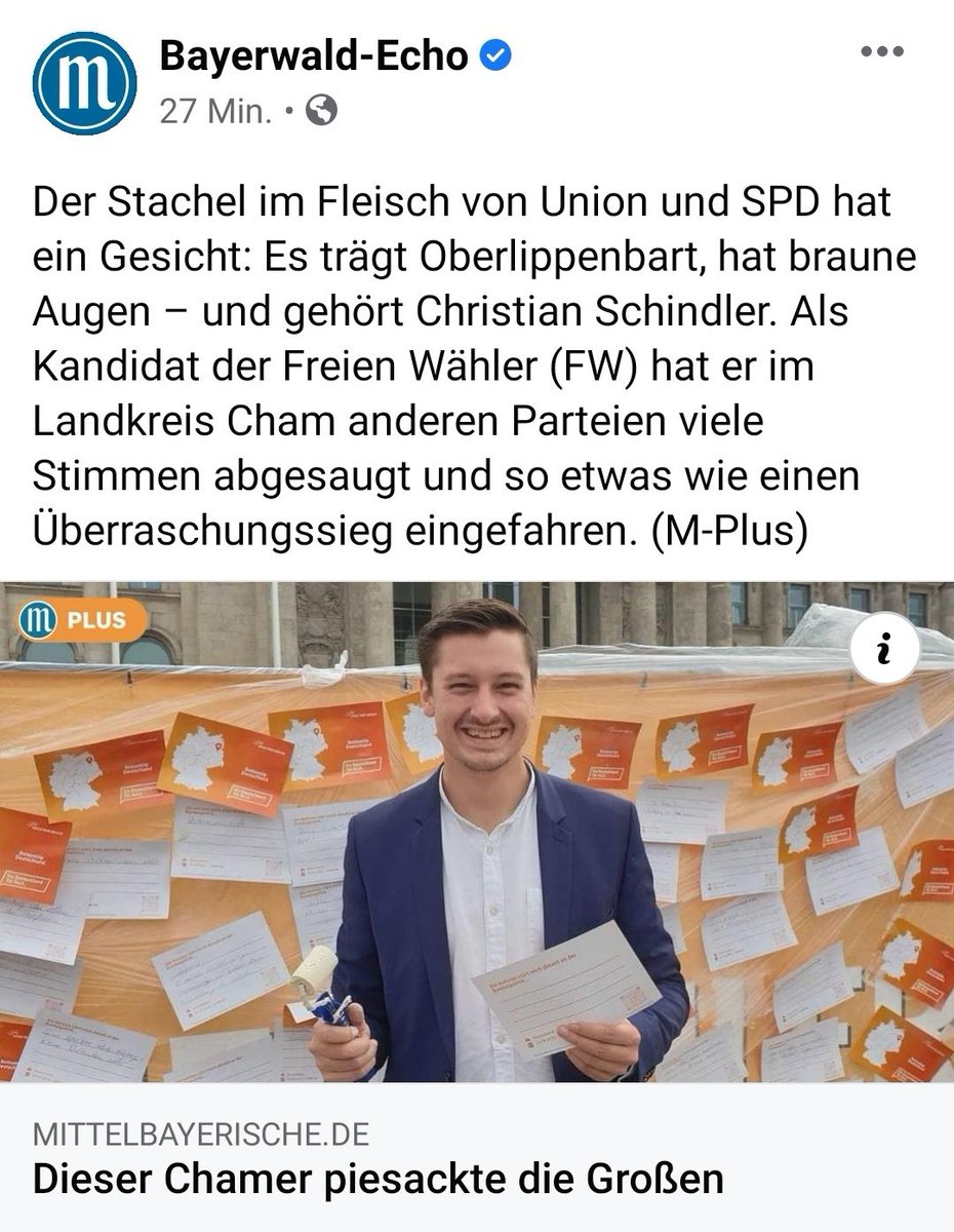 Der Stachel im Fleisch von #Union und #SPD hat ein Gesicht: Es trägt Oberlippenbart, hat braune Augen – und gehört <a href="/schindlerfw/">Christian Schindler</a>.
Der #FREIEWÄHLER Kandidat hat im #LandkreisCham anderen Parteien viele Stimmen abgesaugt und so etwas wie einen Überraschungssieg eingefahren. <a href="/mz_pol/">Pol Mz</a>