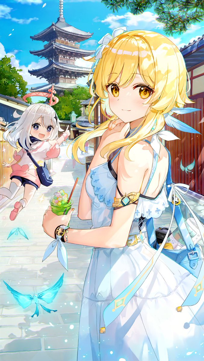 lumine (genshin impact) ,paimon (genshin impact) multiple girls 2girls dress blonde hair white dress flower yellow eyes  illustration images