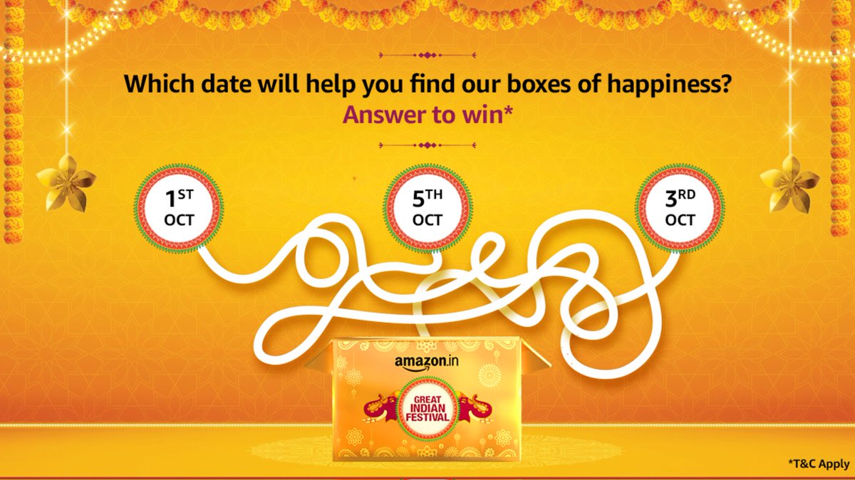#AmazonGreatIndianFestival is almost here! 
Find the date that leads to our #BoxesOfHappiness for a chance to win Gift Card worth Rs 1000!*
To participate, leave your answer in comments below, tag <a href="/amazonIN/">Amazon India</a> and use #AmazonGreatIndianFestival
*T&amp;C apply: bit.ly/3ELYb2h