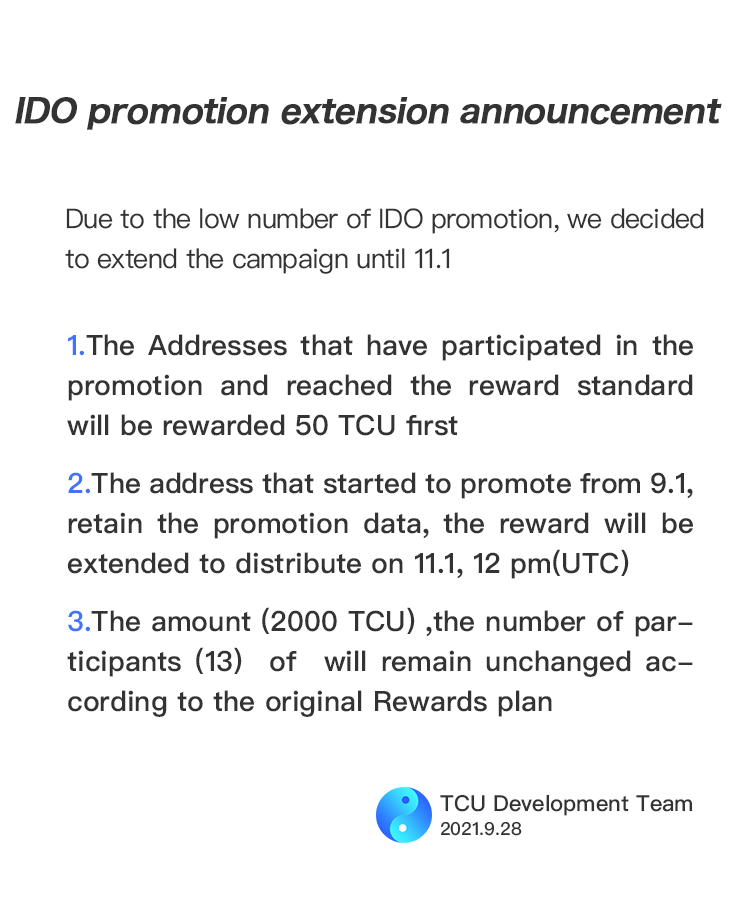 📣【Announcement】

Due to the low number of IDO promotion, we decided to extend the campaign until 11.1
#Airdrops #IDO #Ethereum #BTC