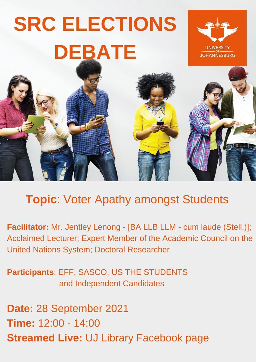 UJLibrary's tweet photo. Join the #UJLibrary for the SRC Elections Debate Live Stream on the UJ Library Facebook Page. Discussion on Voter Apathy Amongst Students. #studentssrc #studentsvote #ujsrc https://t.co/9zd9YmIiqp