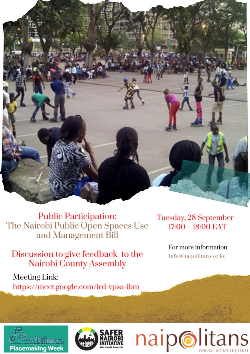 Public Space Bill Discussion
Tuesday, 28 September · 17:00 – 18:00
Google Meet joining info
Video call link: meet.google.com/ird-vpsa-ibm

<a href="/ConstantCap/">Constant Cap</a> <a href="/PlacemakingNBI/">Placemaking Network Nairobi</a> <a href="/kuyokuyo1/">Dr. Mark Ojal</a> <a href="/cityparkfriends/">Friends of City Park</a> <a href="/AJustCity/">Just City Coalition</a>