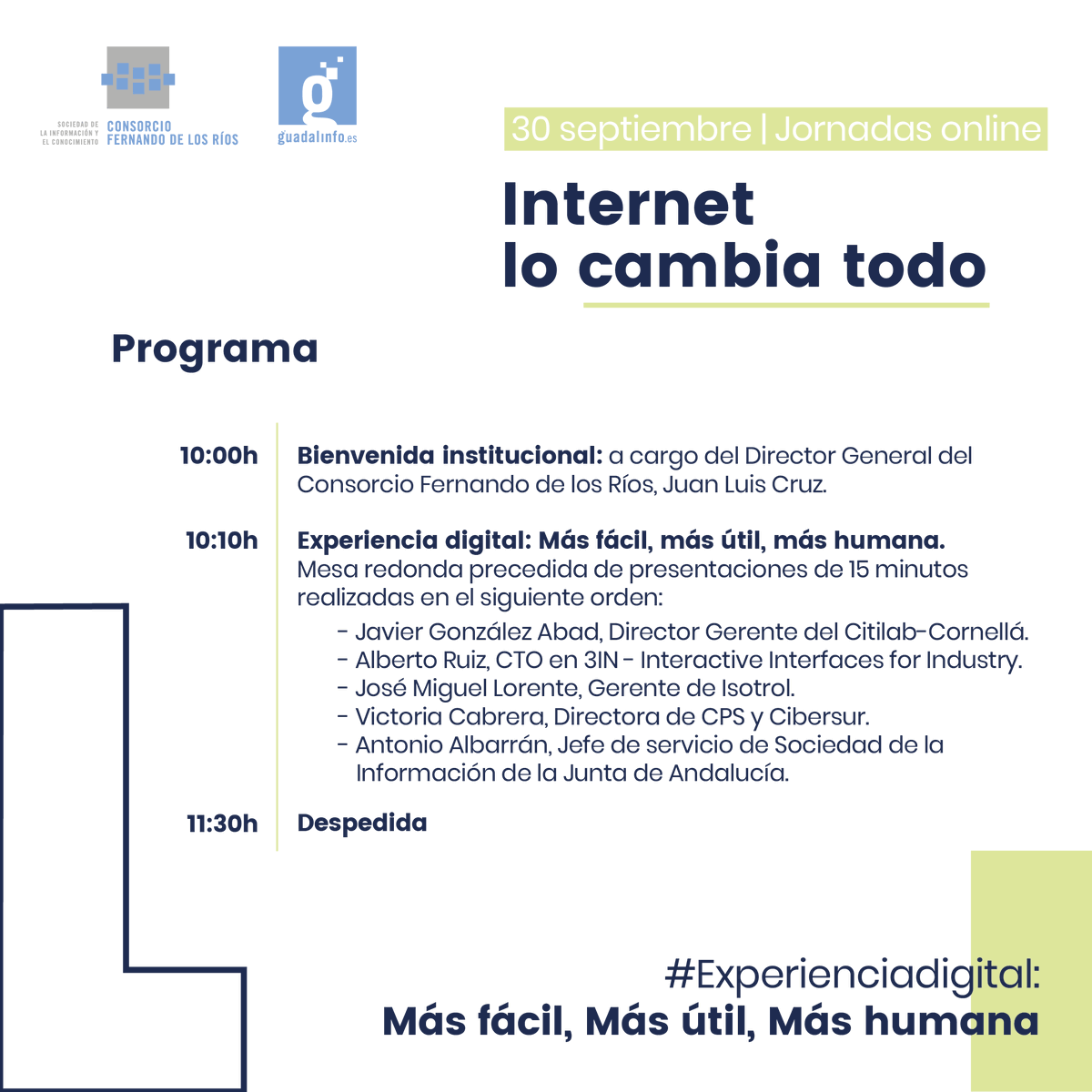PuntosVuela's tweet photo. ¡Programa de 10!  👋 Te esperamos en la 3ª cita del ciclo online en abierto 'Internet lo cambia todo'  🗓 30-sept a las 10hs 🕥  #Experienciadigital: más fácil, más útil, más humana  #UX #Guadalinfo 🗣️ ¡Conoce sus ponentes! 👇 (Abrimos hilo) https://t.co/kNon9CtaD6