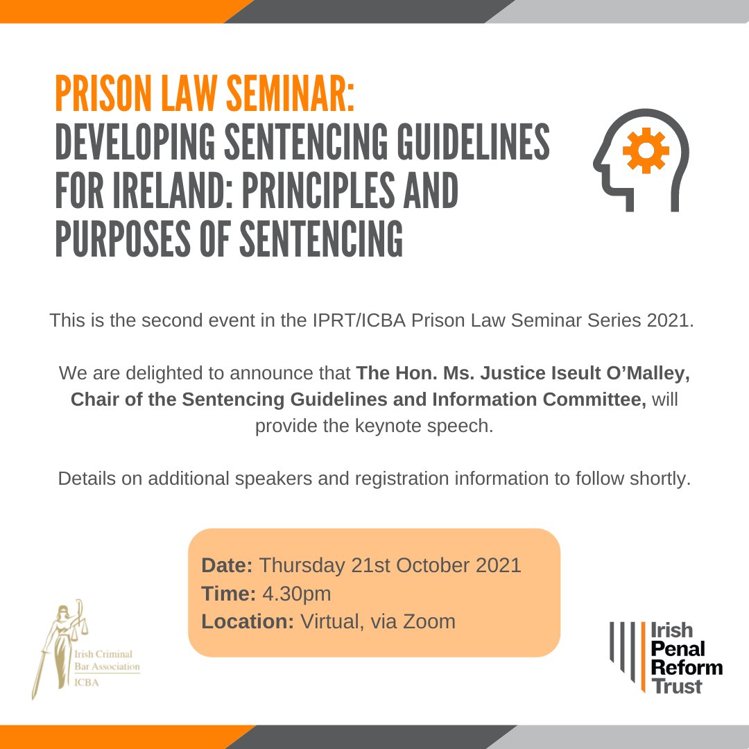 IPRT's tweet photo. SAVE THE DATE! 📅
IPRT and @IrishCrimBar will be hosting a seminar on the principles and purposes of sentencing on Thurs 21st October. More details coming soon, including the link to register.
Mark it in your calendars for now! #SentencingInIreland
https://t.co/g8UOAag0L2 https://t.co/3jIrPVjYLg