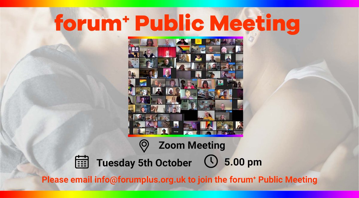 One week to go till the forum+ Monthly Public Meeting taking place online at 5 pm on Tuesday 5th October!

Join with us for 👇

🏳️‍🌈An update on our work
 🎟Details of the latest forum+ events 
📰Local LGBTQ community news

Please email info@forumplus.org.uk for the Zoom Link