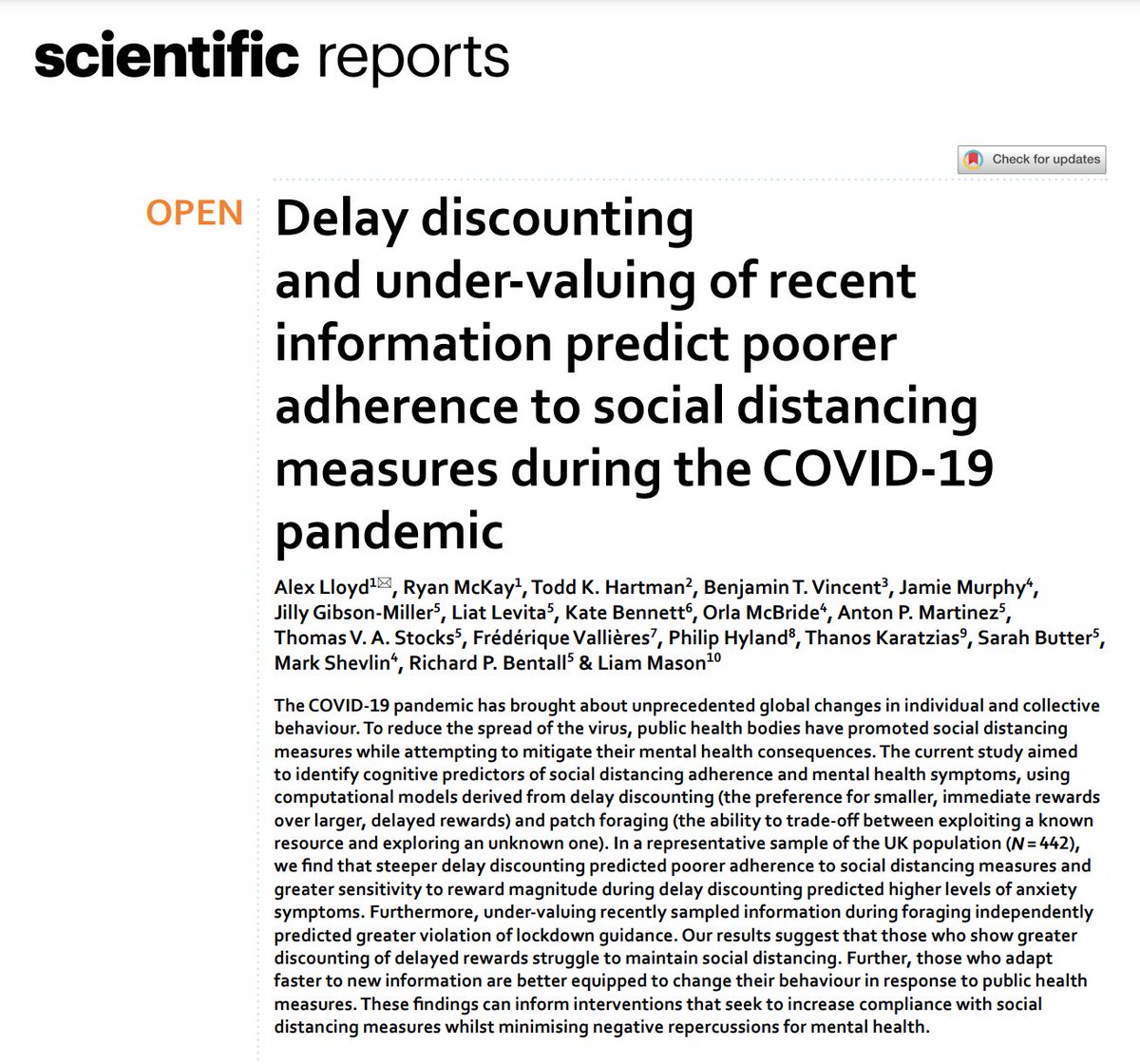 DrAlexLloyd's tweet image. New paper out in @SciReports: How does reward-based decision-making predict adherence to social distancing during the #COVID19 pandemic? A long 🧵⬇️ @RHULPsychology