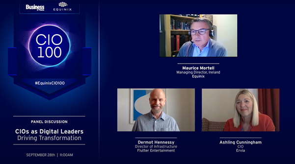 <a href="/MauriceMortell/">Maurice Mortell</a>, Managing Director, @EquinixIE is now joined by Ashling Cunningham, CIO, Ervia and Dermot Hennessy, Director of Infrastructure, @FlutterPLC for an conversation about “CIOs as Digital Leaders”

Register here:
hubs.ly/H0YgPck0 

#EquinixCIO100
