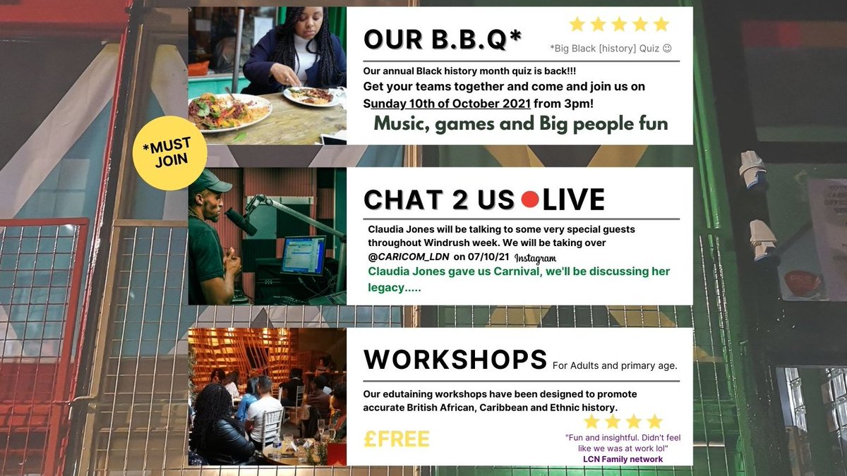 ClaudiaJonesOrg's tweet photo. This October we're holding our first ever #WindrushWeek from 4-10 Oct, featuring exciting events and activities to celebrate #BlackHistoryMonth.  

Join our educational workshops, zoom party and quiz.

To book your place email windrushcoordinator@claudiajones.org

Don't miss out! https://t.co/YpLPrlnTDP