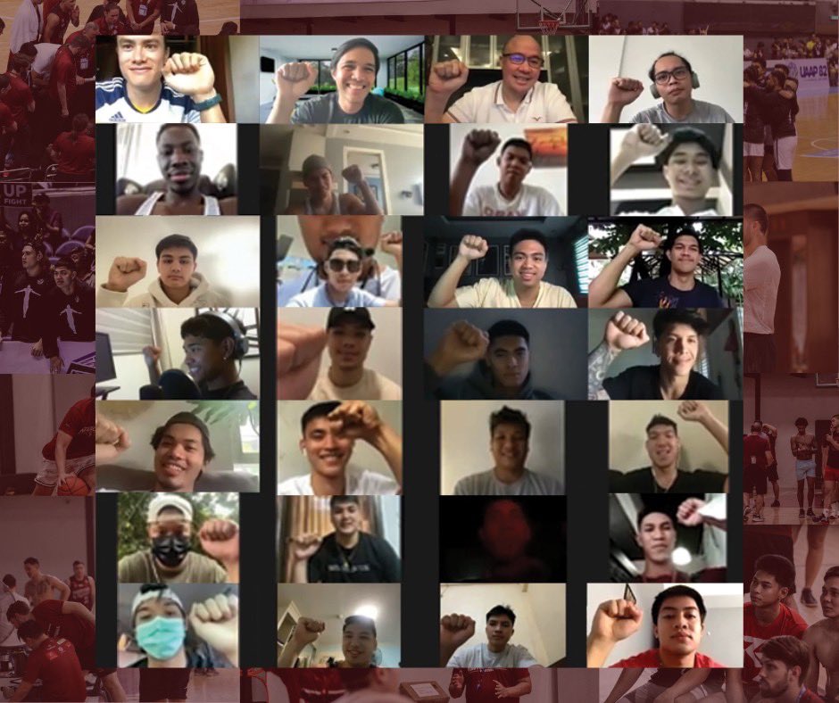 upmbt's tweet photo. NEW BREED OF FIGHTING MAROONS ✊🏽

UP Men's Basketball Team players hop on their first virtual team meeting with new head coach, Goldwin Monteverde, last weekend.

#UPFight #nowheretogobutUP https://t.co/tg9g5cNpUt