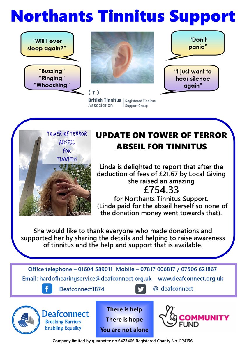 _deafconnect_'s tweet photo. NORTHANTS TINNITUS SUPPORT - update on Linda's Tower of Terror Abseil for Tinnitus. #tinnitus https://t.co/aAHu5bbrGU