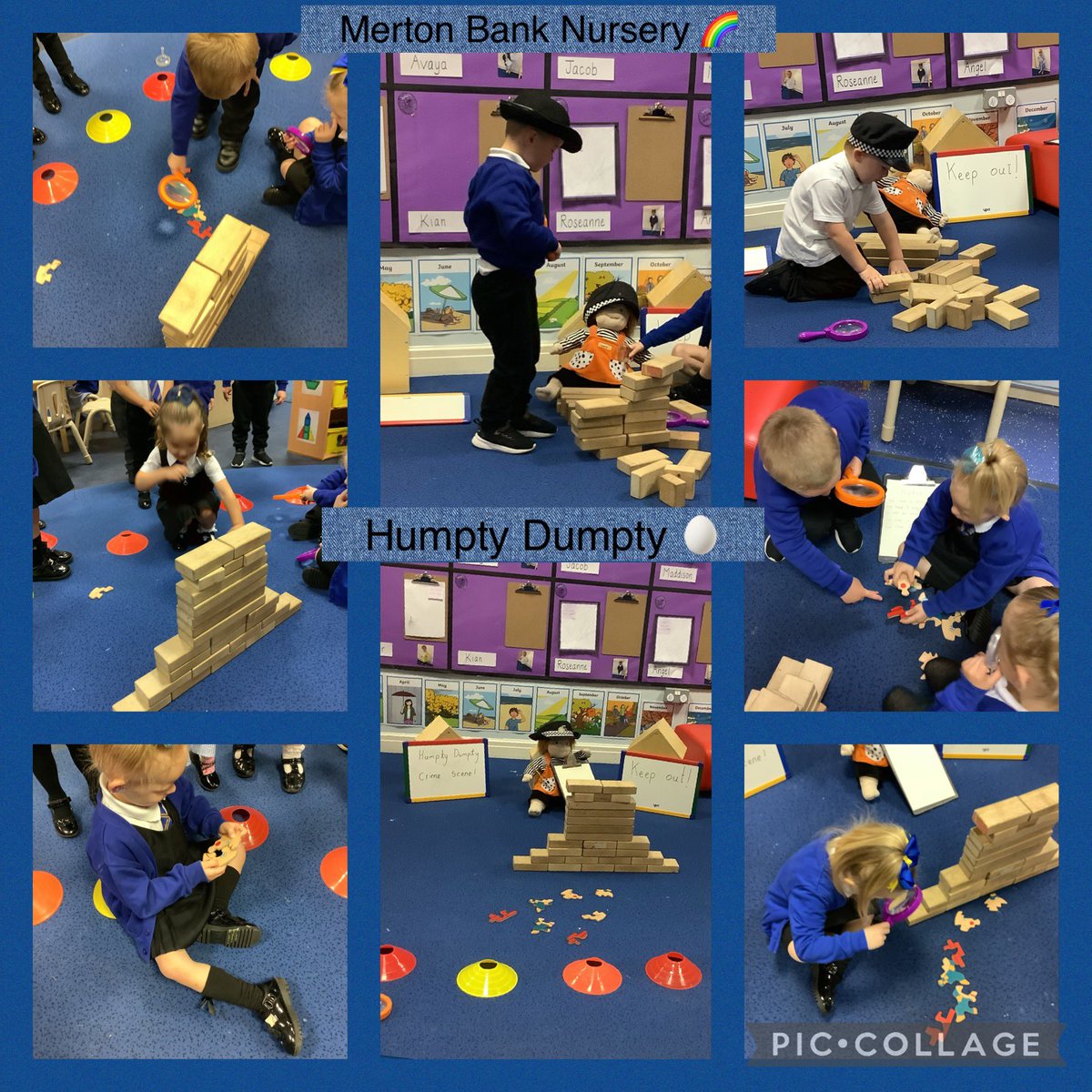 MrsCroninMB's tweet photo. The children in Nursery were Detectives this morning 🔍
We found a wall and when we looked closer we found poor Humpty Dumpty in pieces 🥚 #rhymeoftheweek #EYFS #lookingforclues @MertonBankP @MrsSeymourMB @MissJohnston17 https://t.co/fBStufOIW3