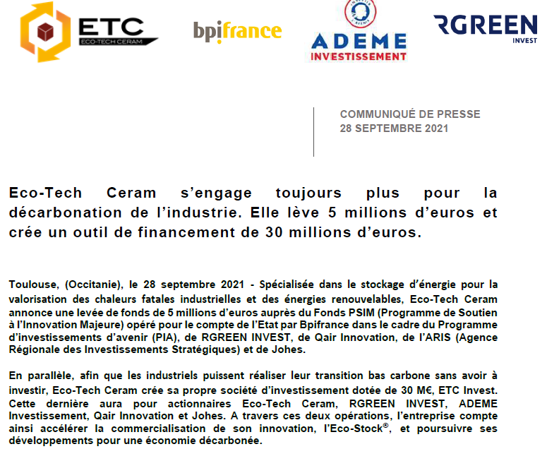 BpifrancePresse's tweet photo. .@Bpifrance, via le fonds de soutien à l'innovation majeure, accompagne la levée de @ecotechceram 
🔥 5M€ pour renforcer le développement de sa solution de stockage à haute température qui permet de lutter contre les pertes de chaleur dans l'industrie

👉 https://t.co/4MSlXenQtm https://t.co/alRiqV4i7I