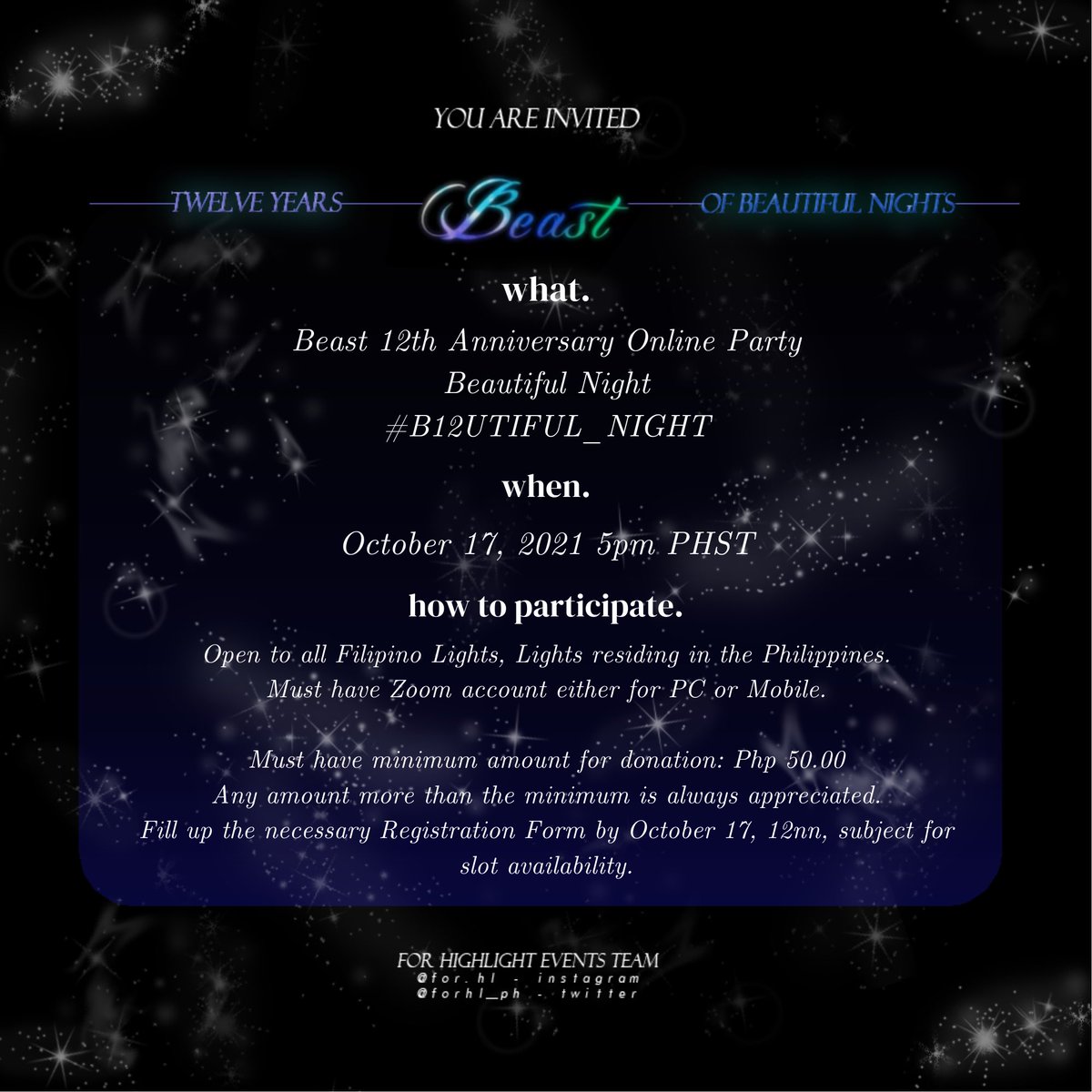 teamforHL's tweet photo. 📢❗️Less than 20 Days❗️

✨BEAST 12TH ANNIVERSARY: Zoom Event by @forHL_PH 🌹
 
Please be guided with the details accordingly found in this thread ☺️

We hope everyone would participate well! Stay tuned for more. 🥰

#B12UTIFUL_NIGHT🎆
#Highlight #하이라이트 @Highlight_AUent https://t.co/bzMVOfYYOW