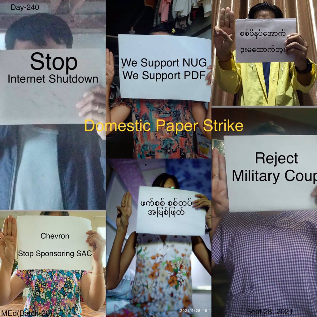 Pro-democracy 6 CDMer teachers (MEd, Batch-20) from SUOE staged a domestic paper strike to protest against military dictatorship today. 

#Sep28Coup  
#WhatsHappeningInMyanmar
#Chevron_StopSponsoringSAC