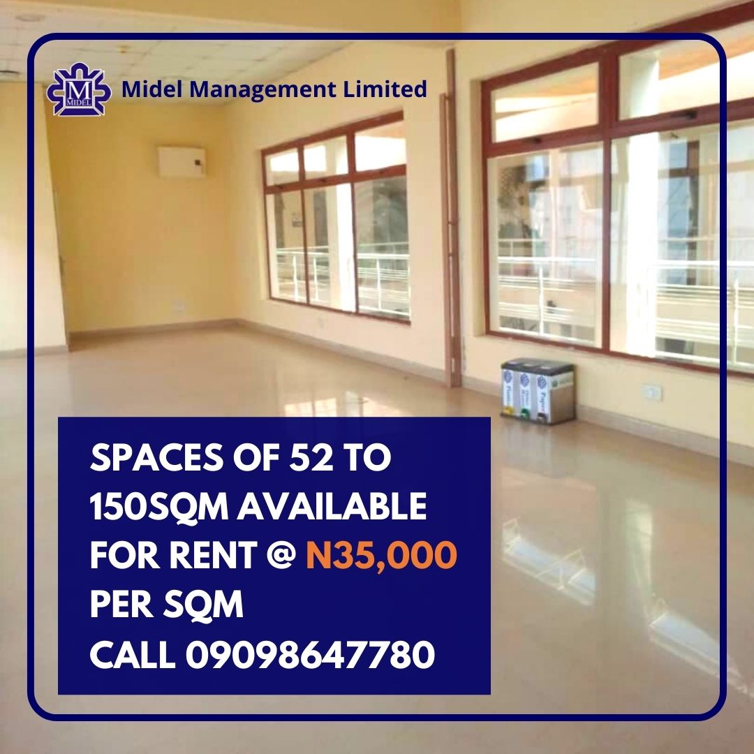 Unfurnished spaces ranging in size from 52 to 150 square meters are available for rent at Midel.

N35,000 Per Square Meter.

Call 09098647780 for more information
We are at Plot 14, Off Oladipo Diya Way, Gudu District, Abuja.
#officespacesinAbuja #Coworkingspace #Unfurnishedspace