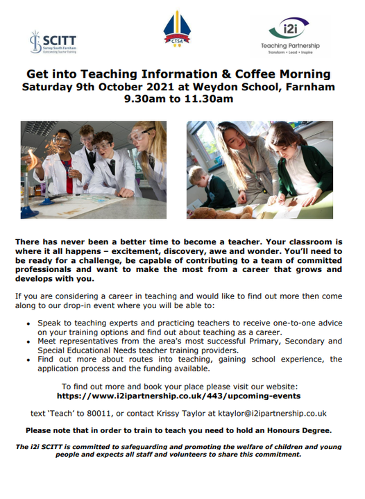 StPolys_Ed's tweet photo. ***Interested in becoming a teacher?***

Join us at this free event for people considering training to become a teacher, this Saturday 9th October, at Weydon school 
Sign up here⬇️
https://t.co/ksyktMAr8D https://t.co/XPuYLAK6X2