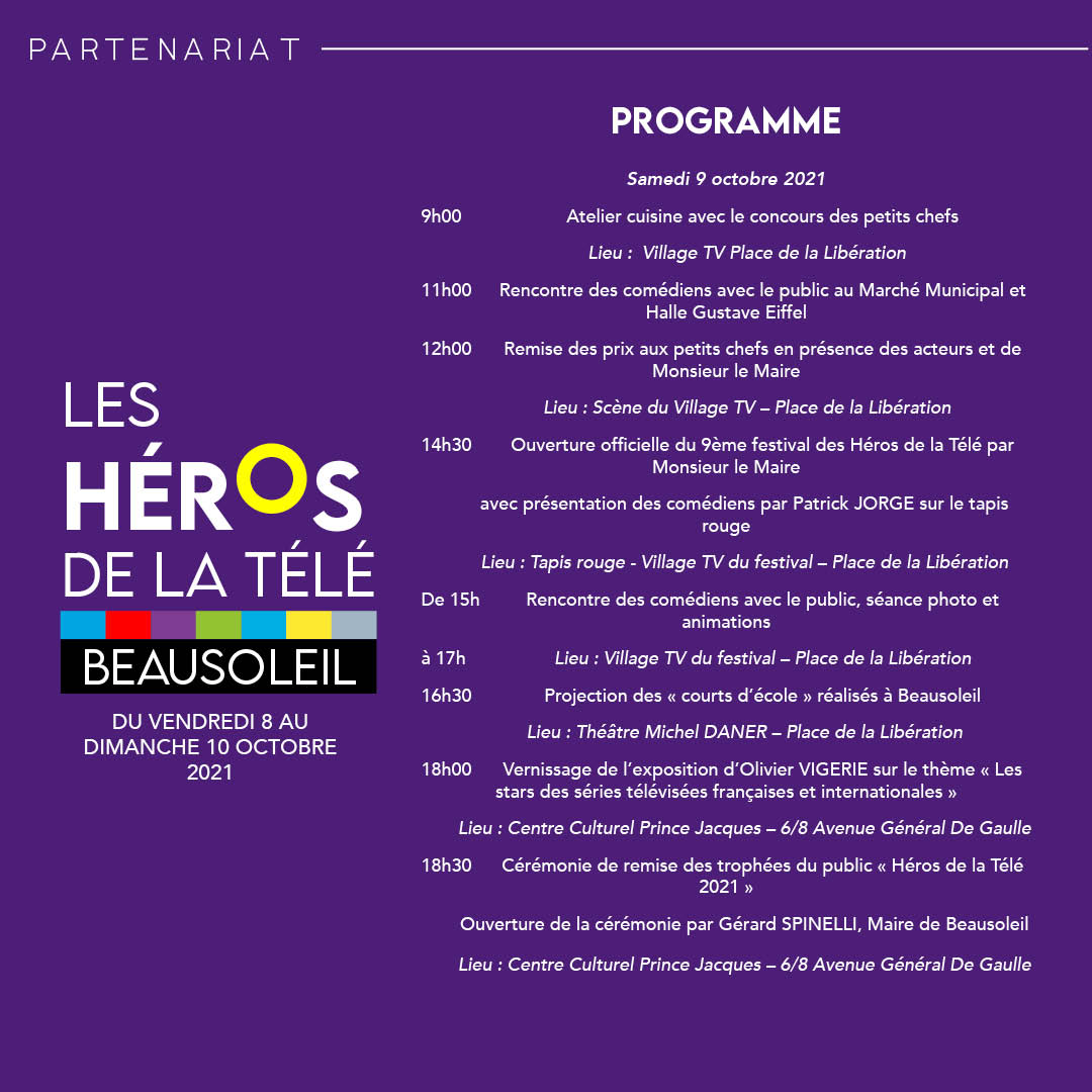 filmcotedazur's tweet photo. PARTENARIAT
Découvrez le programme des @leshérosdelatv du vendredi 8 au dimanche 10 octobre. Venez nombreux !
#VillesMembres06 #commissiondufilm06  #CDF06  #leshérosdelatélé   #cotedazurfrance #alpesmaritimes #conseildepartemental06   @visitcotedazur https://t.co/SS6qfAulP7