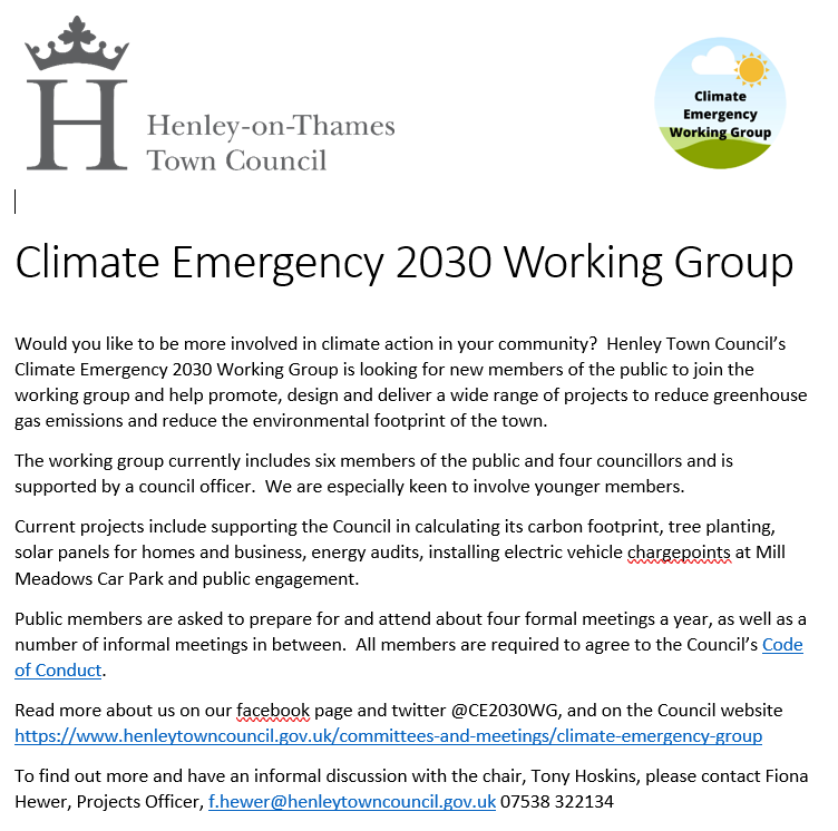Would you like to be more involved in climate action in your community?  Henley Town Council’s Climate Emergency 2030 Working Group is looking for new members of the public to join the working group.