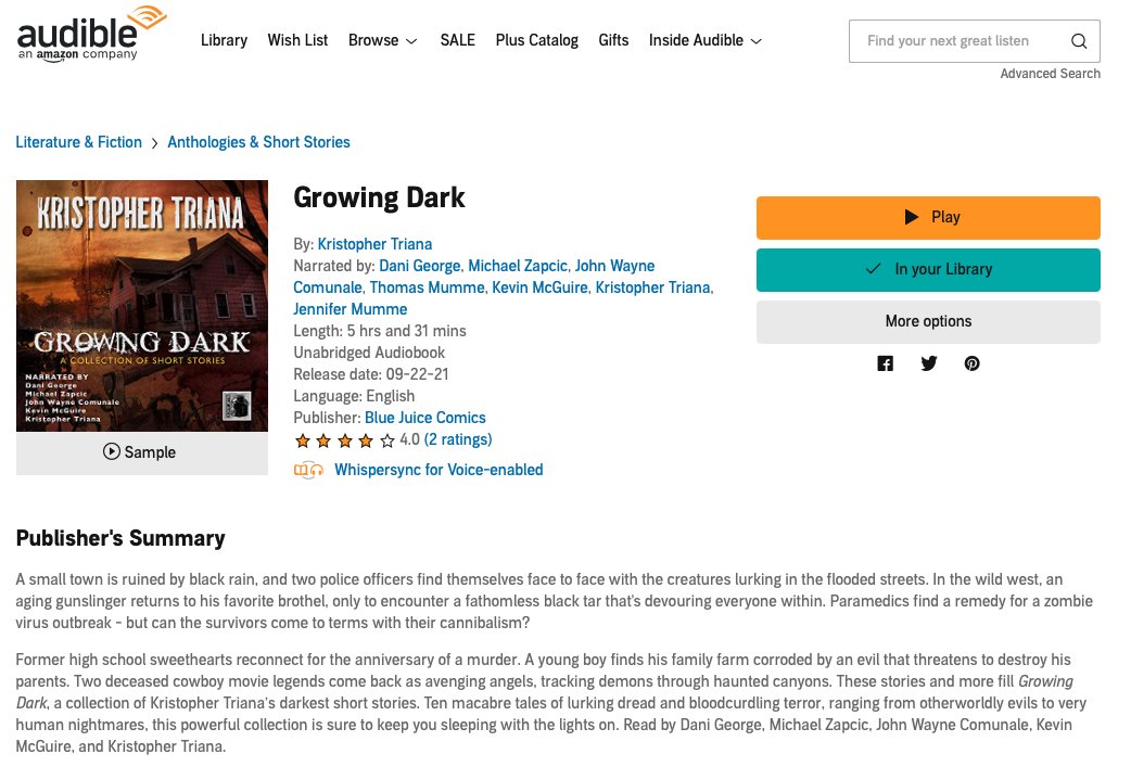 BlueJuiceComics's tweet photo. We're pleased to announce the release of our very first audio book! Kristopher Triana's 10-story Horror Anthology GROWING DARK is now available on @audible_com read by @DaniGeorgeVoice @michaelzapcic @johnwayneisdead @KMac0121 @TomMumme  @Squibstitcher and @KoyoteKris https://t.co/UPQ1WniEfz