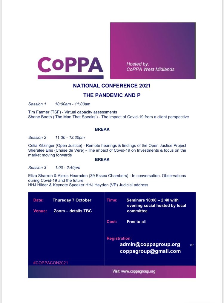 9 days to go until @CoPPA17 #COPPACON2021 see the agenda below including @TSFConsultants <a href="/ChasePicop/">Chase de Vere Personal Injury & CoP</a>  <a href="/OpenJusticeCoP/">Open Justice Court of Protection Project</a> <a href="/sharron_eliza/">Eliza Sharron</a> - email to book a place. All talks via zoom with in person socials held locally!#courtofprotection #knowledgeshare #networking #pandemic