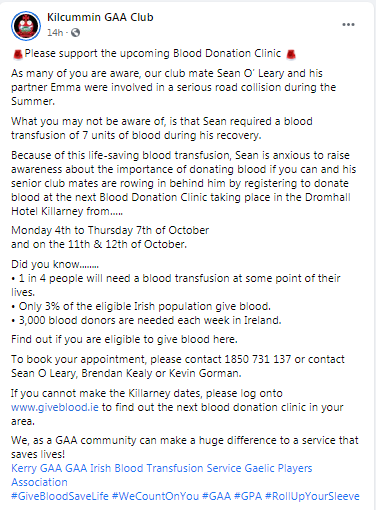 Thank you to Sean O'Leary for sharing his story about receiving blood and raising awareness about the importance of blood donation. Thanks to all at <a href="/KilcumminGAA/">Kilcummin GAA</a> for booking in to our Killarney clinic next week and showing your support, we really appreciate it! #WeCountOnYou