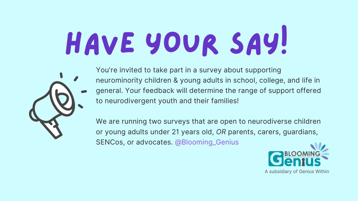 blooming_genius's tweet photo. We are Blooming Genius, a subsidiary of @GeniusWithinCIC. We're inviting #Neurodivergent under 21s and their families to take part in a survey which will help us help them! https://t.co/FF8QHzLn03

#GeniusWithin #BloomingGenius #Neurodiverse #Neurodiversity #Neurodivergency https://t.co/fBD2zNuBBn