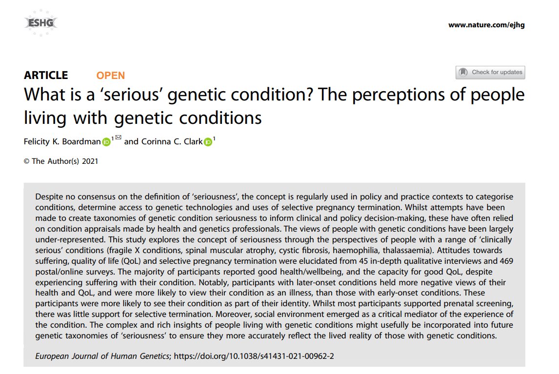 MuinJKhoury's tweet photo. The views of people with genetic conditions have been largely under-represented. This @ejhg_journal  study explores the concept of seriousness through the perspectives of people with a range of ‘clinically serious’ conditions.  https://t.co/CmoR6mwC9p https://t.co/qYCrc7cO12