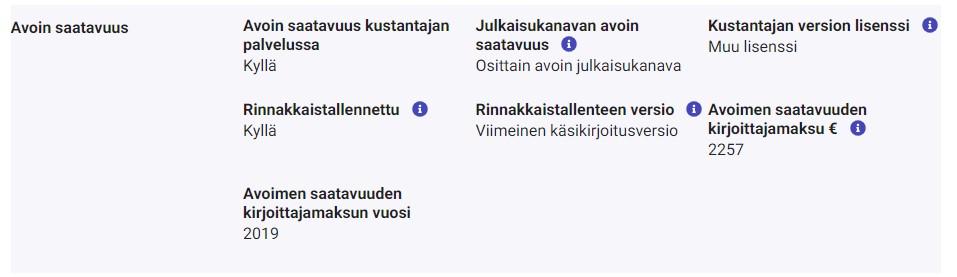 tiedejatutkimus's tweet image. 📣 Uutta Tiedejatutkimus.fi:ssä 📣

Löydät nyt entistä kattavammin tietoa julkaisujen avoimesta saatavuudesta, kun uusina tietoina palvelussa mm. avoimen julkaisemisen maksut ja tieto rinnakkaistallenteen versiosta. #OA #OpenAPC ✨🔍

Esim. 🔗tiedejatutkimus.fi/fi/results/pub…