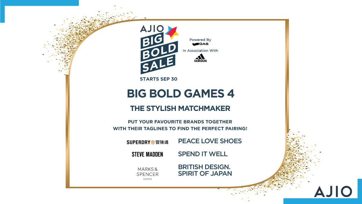 AJIOLife's tweet photo. #BigBoldGames 4 –The Stylish Matchmaker is now live! Pair the brands with their correct taglines. Reply with your answer in the comments &amp; don’t forget to use #BigBoldGames4, #BigBoldSale &amp; tag @AJIOLife. For hints: https://t.co/njoeh6qBou

#AjioLove #Contest https://t.co/w3BJNy51p3