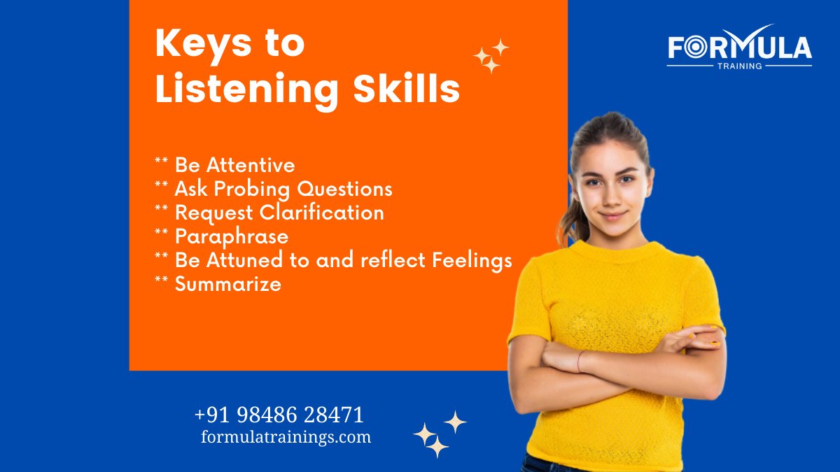 Keys to Listening Skills
.
** Be Attentive
** Ask Probing Questions 
** Request Clarification
** Paraphrase
** Be Attuned to and reflect Feelings
.
#IELTSTips #IELTSListening #IELTSListeningSkills #EnglishListeningTips #SpokenEnglishTips #englishlearningtips #FormulaTrainings
