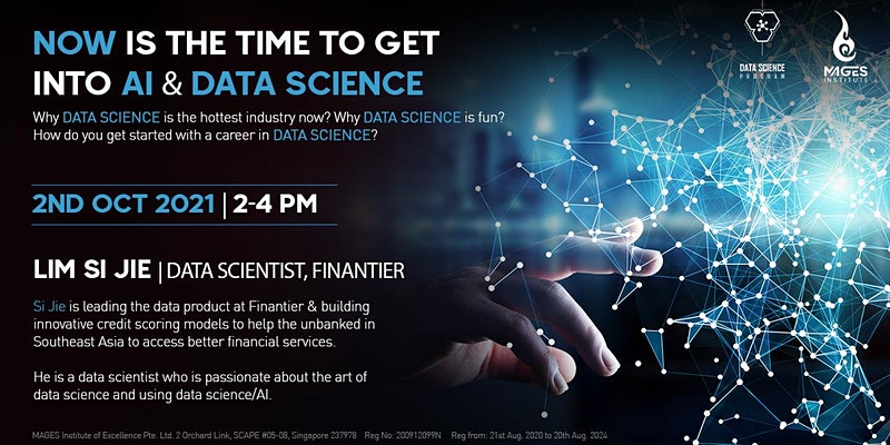 MAGESSingapore's tweet photo. "What makes Data Science a highly sought-after field?"
This Sat 2 Oct, find out in our free webinar by Lim Si Jie, a passionate Data Scientist (Finantier) helping bring better financial services to the unbanked.
Sign Up for Free : https://t.co/UKgNYOVFDu
#MAGESSg #AI #DataSci https://t.co/qU7cI1seWe
