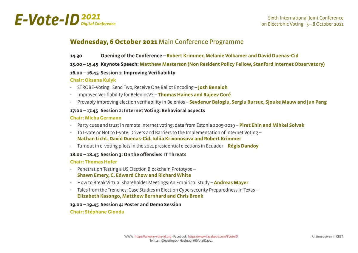 evotingcc's tweet photo. This year's #conference programme of the #EVoteID2021! 
👉 3 keynote speakers, 11 sessions, more than 30 presenters, PhD colloquium, demo session, and rump session. 

 #SaveTheDate 
📅 5 - 9 October 2021, 14:30 to 20:00 (CEST / Berlin time) https://t.co/Iwk9q6uugW