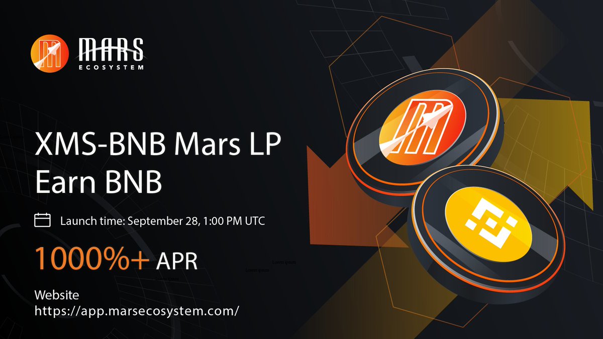 In celebration of the new farm on <a href="/MarsEcosystem/">Mars Ecosystem</a>

🎯 $1000 #GIVEAWAY, 1 WINNER 💰

🪐 Follow <a href="/MarsEcosystem/">Mars Ecosystem</a> &amp; <a href="/bsc_daily/">BSCDaily</a> 
🪐 Join t.me/mars_ecosystem &amp; t.me/bsc_daily
🪐 Like, RT &amp; Tag 3 friends
🪐 Post proof⤵️

🚀 Launch on 28th Sep, 1PM UTC: app.marsecosystem.com/farms