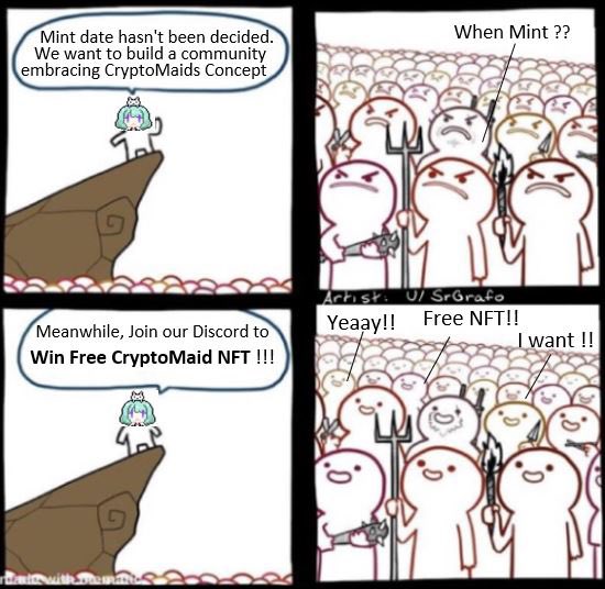 CMaids001's tweet photo. 🖤#CryptoMaidsMeme Contest #4❤️🩹
All 3 👑 will get #CryptoMaids #NFT
30+➡️One more👑
🎨Make meme w/ CryptoMaids picture below (2nd tweet) & QT this tweet w/ #NFTGiveaway #CryptoMaidsMeme w/ your meme
❄️Follow @CryptoMaids & @CMaids001 & @CMaids002
📱Join our Discord
#DoujinNFT https://t.co/li98sKsXn5