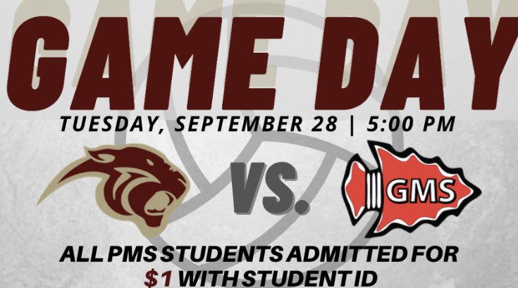 PMS_Volleyball's tweet photo. Another #PantherGameDay! Your Lady Panthers will host the @GMSWarriors tonight in a double header starting at 5pm! All @pelion_middle students are admitted for $1 with student ID! See you there! 🏐 #GoPanthers #1Team #PelionPROWL https://t.co/t6x6Selacb