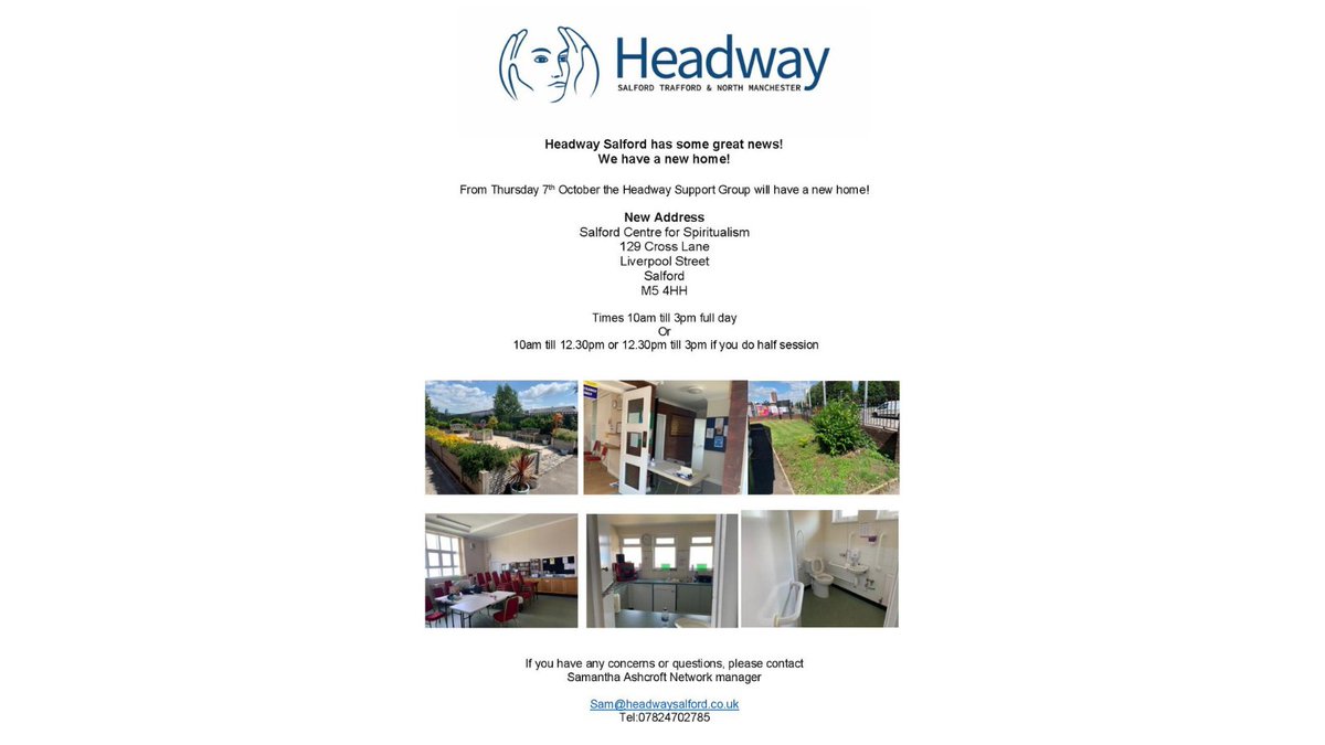 NEXT WEEK!!! 😍😍😍 We are super excited to announce we are moving! Our new address (from 7th Oct) is: Salford Centre for Spiritualism, 129 Cross Lane, Liverpool Street, Salford, M5 4HH 😍😍😍
#newhome #greatvenue #braininjury #support #friendship #advice #fun #laughter