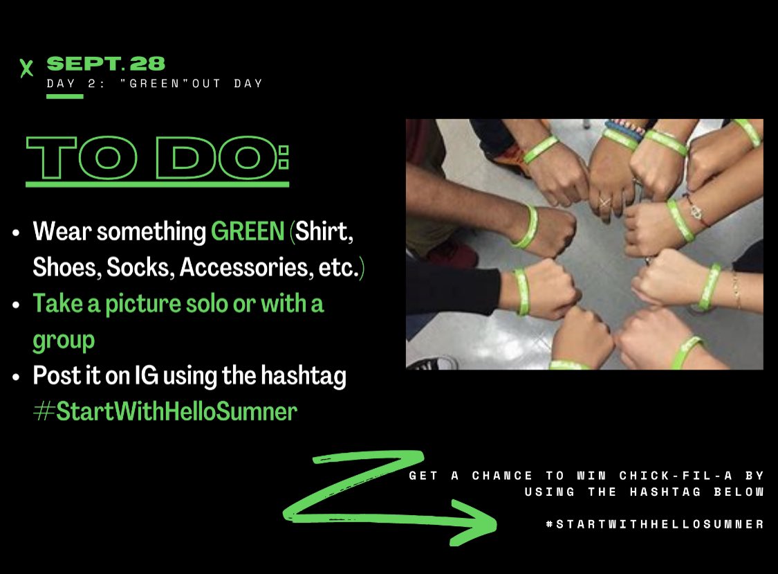 Start With Hello Week: DAY 2
“Green Out” Day! #startwithhellosumner <a href="/HCPS_SumnerHS/">Sumner High School</a>