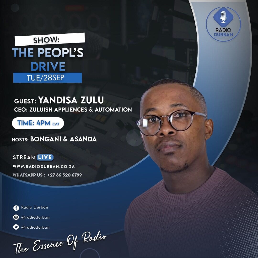 radiodurban's tweet photo. Catch Yandisa Zulu The CEO of Zuluish Appliences and Automation. At 4pm on the People's Drive hosted by Bongani Mpisane and Asanda.
#Ungaphuthelwa
#Zuluish
#RadioDurban https://t.co/rASYXSoNOM