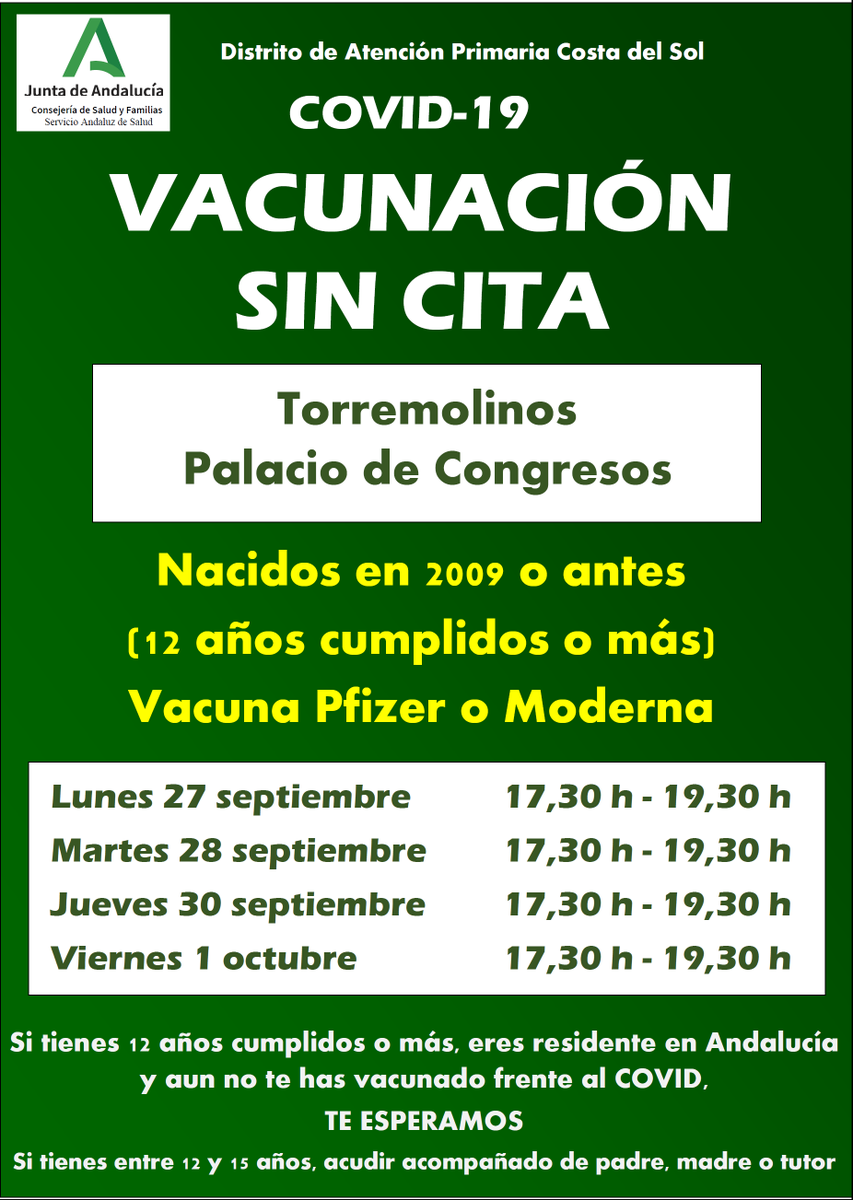 DSAPCostadelSol's tweet photo. Insistimos: Seguimos vacunando sin cita casi a diario, así que si aun no estás vacunado frente al #COVID19 toma nota y no faltes: #Torremolinos #Benalmádena #Fuengirola #Mijas #Marbella #SanPedro #Sabinillas https://t.co/7y9Egzo9Vp