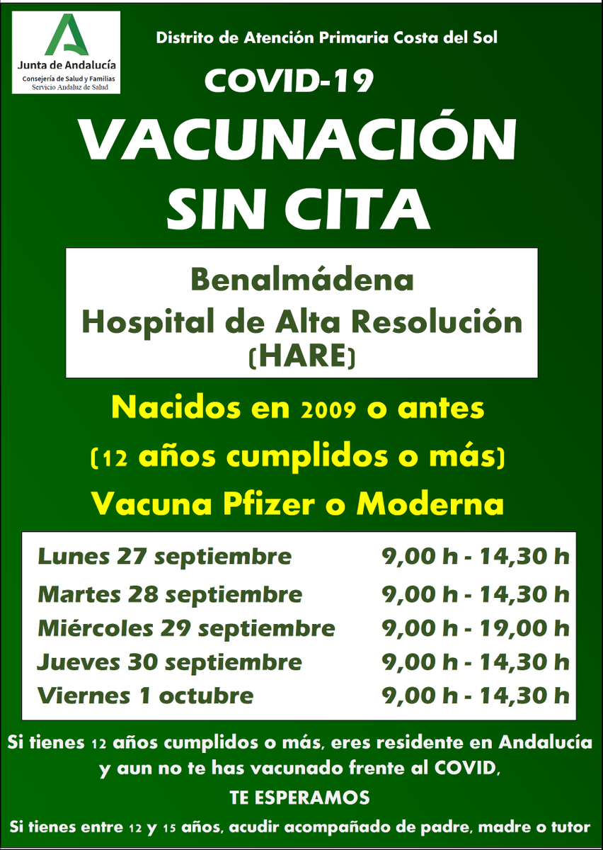 DSAPCostadelSol's tweet photo. Insistimos: Seguimos vacunando sin cita casi a diario, así que si aun no estás vacunado frente al #COVID19 toma nota y no faltes: #Torremolinos #Benalmádena #Fuengirola #Mijas #Marbella #SanPedro #Sabinillas https://t.co/7y9Egzo9Vp