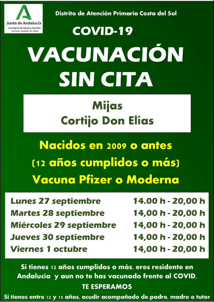 DSAPCostadelSol's tweet photo. Insistimos: Seguimos vacunando sin cita casi a diario, así que si aun no estás vacunado frente al #COVID19 toma nota y no faltes: #Torremolinos #Benalmádena #Fuengirola #Mijas #Marbella #SanPedro #Sabinillas https://t.co/7y9Egzo9Vp