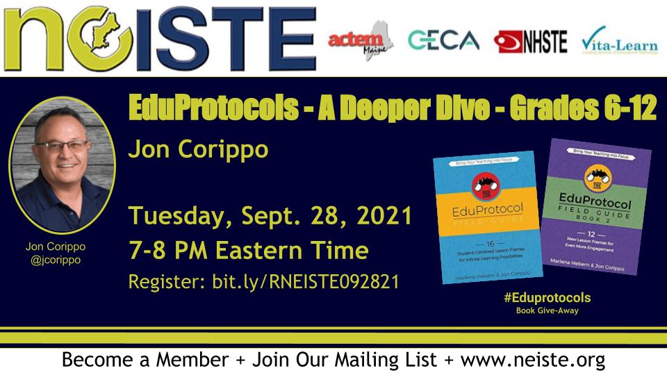 NE_ISTE's tweet photo. Tonight! #NEISTEwebinar 7PM EST Take a Deeper Dive into #Eduprotocols with @jcorippo Templates &amp; protocols will dramatically increase student success. See Part 1: https://t.co/KIEVU7iWQI. Teach Better &amp; Work Less.#edtech #ISTE #edchat Register: https://t.co/DPdWxPOCpq Win a book! https://t.co/lzD5ZoCAeJ