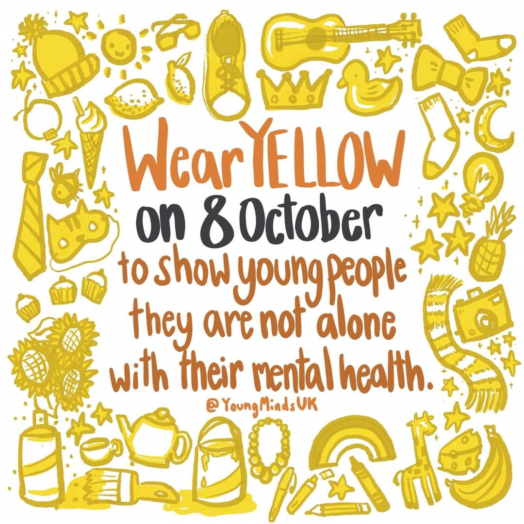 #WearYellow on 8th October to show #YoungPeople they are not alone with their #MentalHealth 
<a href="/YoungMindsUK/">YoungMinds</a> <a href="/OurTimeYF/">Our Time</a> <a href="/parent_send/">SEND Parent Ambassadors</a>
