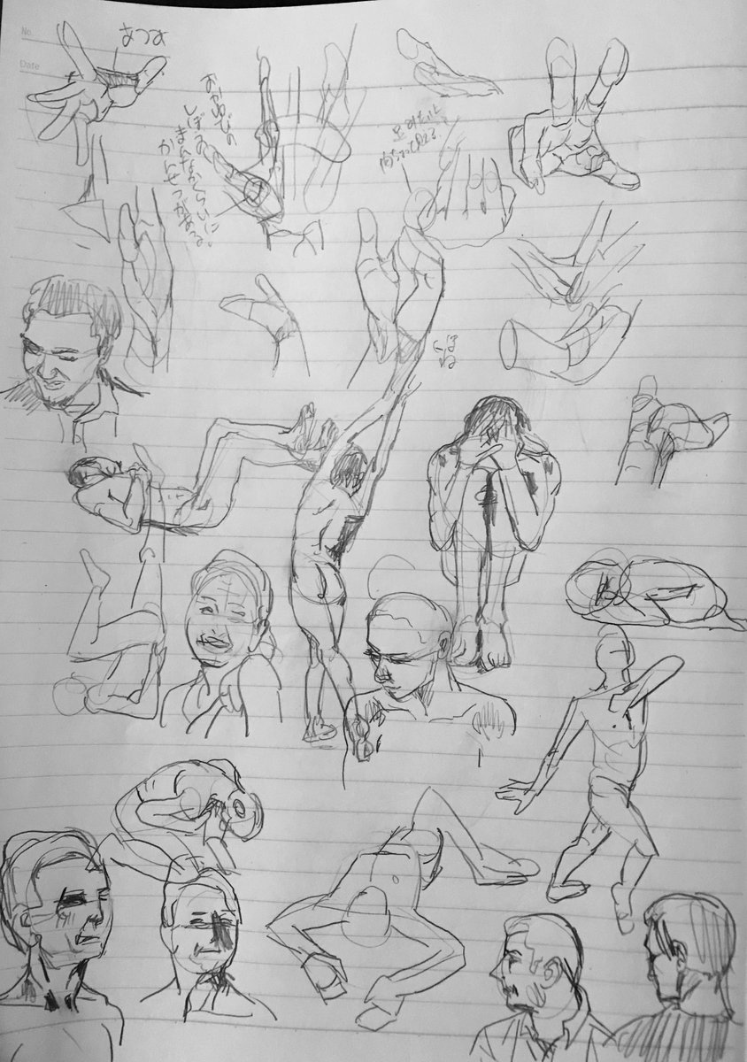 今日の武者修行 手が分からんのでまだ描いてるけどエネルギーいる〜〜!どうでもいいけど一枚目の右上、別々に描いた胴体と腕がなんか進撃の心臓を捧げるポーズっぽくなっててウケる 