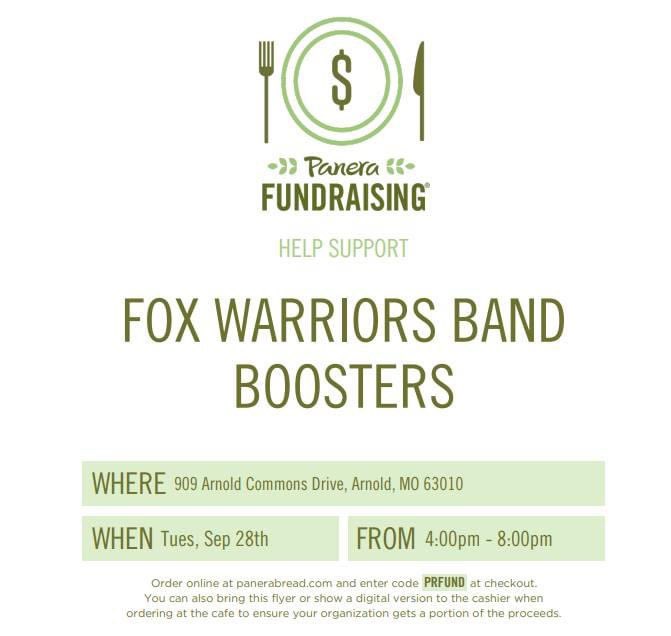 Support our <a href="/Fox_Bands/">Fox HS Bands</a> &amp; give yourself a night off from cooking tonight! Stop by <a href="/panerabread/">Panera Bread</a> in Arnold from 4-8 PM. Show them the flyer &amp; a percentage of the sales will be donated.

Don’t want to wait in line? Order online and use PRFUND to support the band!