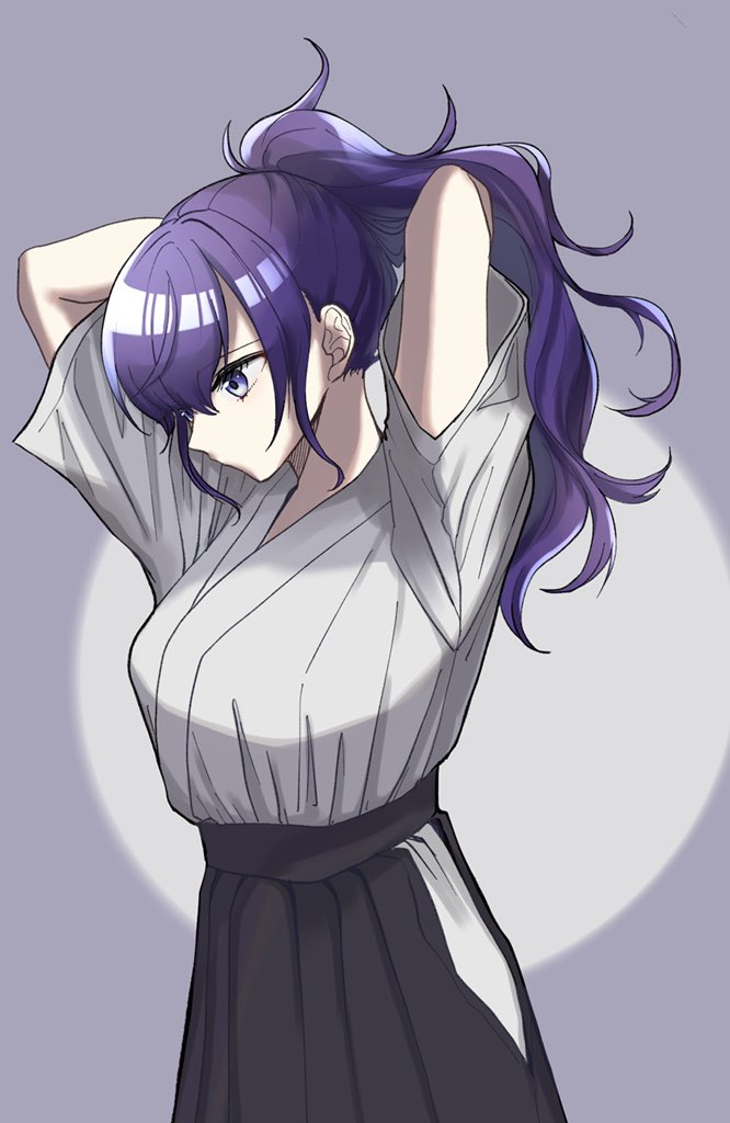 1girl solo purple hair japanese clothes long hair ponytail skirt  illustration images