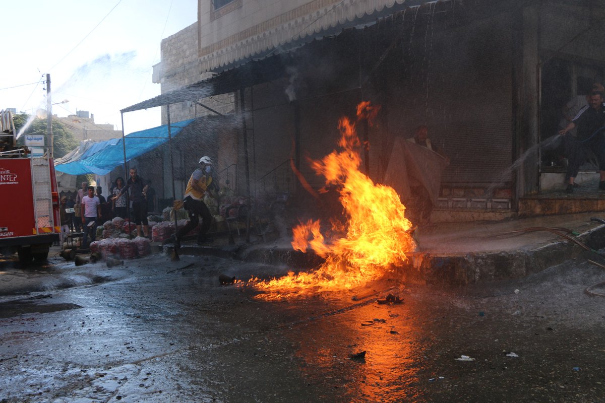SyriaCivilDef's tweet photo. Today, two civilians were killed, and 18 were injured, incl 4 kids by an IED explosion and a motorcycle bomb explosion in #Jarbuls, north #Aleppo. #WhitHelmets teams are on the scene carrying out search & rescue operations and extinguishing the fires caused by the explosions. https://t.co/wR3QkjutRk